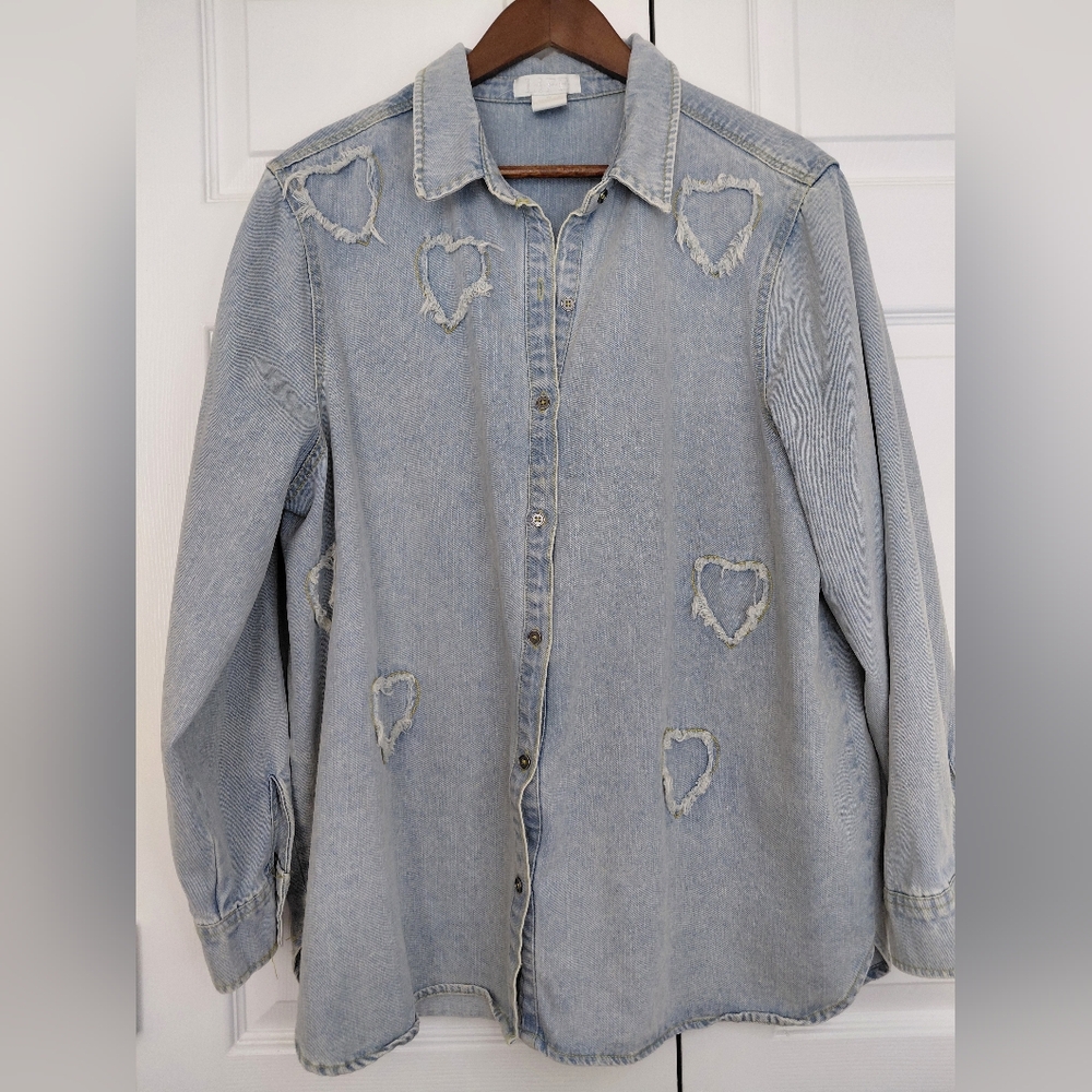 Womens Light Wash Denim Button-Up Shirt with Distressed Heart Patches. Size 1X